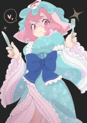 Rule 34 | 1girl, absurdres, black background, blue hat, blue kimono, breasts, closed mouth, fingernails, fork, frilled kimono, frilled sleeves, frills, from below, hair between eyes, hands up, hat, heart, highres, holding, holding fork, holding knife, japanese clothes, kawayabug, kimono, knife, large breasts, lips, long sleeves, looking at viewer, looking down, mob cap, nails, obi, pink eyes, pink hair, ribbon, saigyouji yuyuko, sash, shaded face, short hair, simple background, solo, sparkle, spoken heart, thighs, touhou, triangular headpiece, wide sleeves