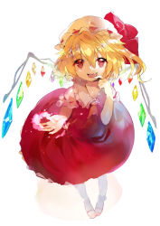 Rule 34 | 1girl, ascot, atsumi jun, blonde hair, bow, flandre scarlet, full body, hat, hat bow, highres, looking at viewer, mary janes, mob cap, open mouth, red eyes, set, shirt, shoes, short sleeves, side ponytail, simple background, skirt, smile, solo, touhou, white background, white hat, wings