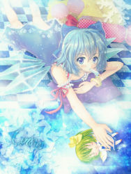 Rule 34 | 1girl, :&gt;, arm garter, bad id, bad pixiv id, blue eyes, blue hair, bow, bracelet, character doll, character name, checkered floor, cirno, daffobird, daiyousei, dress, fairy wings, floor, food, hair bow, highres, jewelry, matching hair/eyes, mouth hold, pillow, popsicle, snowflakes, solo, touhou, wings