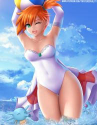 Rule 34 | 1girl, arms up, ball, beachball, breasts, cosplay, creatures (company), elbow gloves, game freak, gen 1 pokemon, gloves, goldeen, goldeen (cosplay), green eyes, highres, horsea, looking at viewer, misty (pokemon), nintendo, ocean, one-piece swimsuit, one eye closed, patreon username, pokemon, pokemon (anime), pokemon (classic anime), pokemon ep043, red hair, showgirl skirt, side ponytail, sky, solo, solo focus, swimsuit, tentacruel, thighs, twistedscarlett60, water, watermark, web address, white gloves