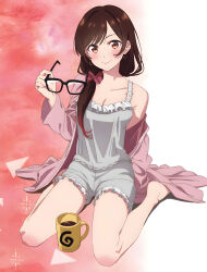 Rule 34 | 1girl, absurdres, bare legs, bare shoulders, black-framed eyewear, blush, bow, breasts, brown eyes, brown hair, camisole, casual, cleavage, closed mouth, coffee, collarbone, cup, drink, earrings, unworn eyewear, frilled camisole, frilled shorts, frills, full body, glasses, grey camisole, grey shorts, hair bow, hair over shoulder, highres, holding, holding removed eyewear, jacket, jacket partially removed, jewelry, kanojo okarishimasu, long hair, long sleeves, looking at viewer, low-tied long hair, medium breasts, mizuhara chizuru, mug, multicolored background, official art, pink background, pink bow, pink jacket, shorts, sitting, sleepwear, smile, solo, third-party source, triangle, wariza, white background