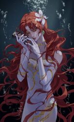 Rule 34 | 1girl, absurdres, closed eyes, dress, feather hair ornament, feathers, hair ornament, hearts (i became a god in a horror game), highres, i became a god in a horror game, jewelry, long hair, red hair, solo, underwater, wavy hair, white dress, wight233