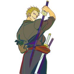 Rule 34 | 1boy, acgn0621, cowboy shot, fighting stance, from side, green hair, highres, holding, holding sword, holding weapon, japanese clothes, kimono, looking back, male focus, one piece, ready to draw, roronoa zoro, scar, scar across eye, short hair, smile, solo, standing, sword, weapon
