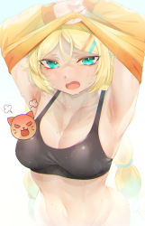 Rule 34 | 1girl, absurdres, aqua eyes, armpits, arms up, bababababan, black survival, blonde hair, blush, breasts, cleavage, fang, hair ornament, hairclip, highres, long hair, long sleeves, looking at viewer, low twintails, medium breasts, navel, nicky blake, open mouth, orange sweater, simple background, solo, sports bra, sweat, sweater, twintails, undressing, upper body, very long hair, white background