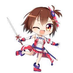 Rule 34 | 1girl, belt, blue belt, blue gloves, blush, breasts, brown hair, character request, chibi, coat, commentary request, fingerless gloves, full body, gloves, hair ornament, holding, holding sword, holding weapon, hop step jumpers, lets0020, looking at viewer, medium bangs, medium breasts, miniskirt, open clothes, open coat, open mouth, orange eyes, pleated skirt, red coat, red footwear, red skirt, shirt, shoes, short hair, simple background, skirt, sleeveless, sleeveless coat, sleeveless shirt, smile, solo, standing, standing on one leg, sword, transparent background, weapon, white shirt