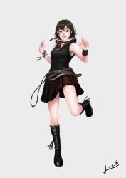Rule 34 | 1girl, blush, breasts, brown eyes, brown hair, choker, final fantasy, final fantasy xv, full body, highres, iris amicitia, jewelry, looking at viewer, miniskirt, navel, necklace, short hair, simple background, skirt, smile, solo