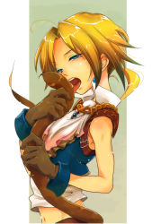 Rule 34 | 00s, 1boy, androgynous, bad id, bad pixiv id, blonde hair, blue eyes, bottomless, earrings, final fantasy, final fantasy ix, gloves, holding, jewelry, licking, long hair, male focus, mochida, mochida (annie), open mouth, ponytail, sexually suggestive, solo, tail, trap, zidane tribal