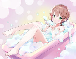 Rule 34 | 1girl, amimi, bathing, bathtub, blowing, brown hair, collarbone, commission, completely nude, eyelashes, feet, foam, full body, green eyes, hair between eyes, hands up, highres, legs, legs up, light blush, lying, multicolored background, nude, on back, open mouth, original, partially submerged, pink background, sidelocks, skeb commission, solo, straight hair, swept bangs, toes