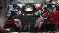 Rule 34 | 1boy, 4girls, absurdres, animal ears, arknights, black coat, black hair, black jacket, blue eyes, blue hair, booth seating, boots, burger, coat, crossed legs, cup, diner, disposable cup, eating, elbows on table, exusiai (arknights), fast food, fek zin, food, french fries, from below, from side, gloves, grey eyes, grey hair, hanging light, highres, holding, holding burger, holding cup, holding food, horns, jacket, lappland (arknights), mostima (arknights), multiple girls, necktie, red gloves, red shirt, restaurant, shirt, sign, sitting, sleeves past wrists, sword, sword behind back, table, texas (arknights), texas (willpower) (arknights), emperor (arknights), tile floor, tiles, watch, weapon, window, window blinds, wrapper