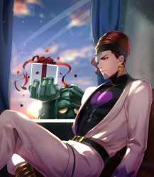 Rule 34 | 1boy, black sweater, blue sky, brown eyes, brown hair, closed mouth, cloud, cloudy sky, coat, earrings, gift, green curtains, highres, holding, holding gift, indoors, jewelry, jojo no kimyou na bouken, long sleeves, male focus, osiris (stand), pants, sky, solo, stand (jojo), stardust crusaders, sweater, terence t. d&#039;arby, turtleneck, turtleneck sweater, white coat, white pants, window, zouhyou (at4190)