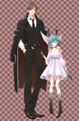 Rule 34 | 10s, 1boy, 1girl, antlers, bad id, bad pixiv id, beard, belt, blue hair, brown eyes, brown hair, c (control), checkered background, choker, dress, facial hair, formal, hand in pocket, hand on shoulder, head wings, height difference, highres, horns, jacket, jewelry, mikuni souichirou, monster girl, necktie, pale skin, q (control), red eyes, ring, smile, taishou tanaka, taishow t, vest, wings