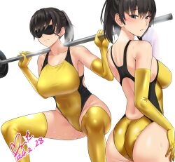 Rule 34 | 1girl, absurdres, amagami, ass, barbell, bare shoulders, black eyes, black hair, black one-piece swimsuit, blush, breasts, closed mouth, commentary request, commission, competition swimsuit, covered eyes, covered navel, dated, elbow gloves, exercise, gloves, hair between eyes, highleg, highleg swimsuit, highres, holding, holding towel, large breasts, looking at viewer, multiple views, one-piece swimsuit, parted lips, pixiv commission, ponytail, short hair, signature, simple background, sleep mask, squatting, steaming body, sweat, swimsuit, teeth, thighhighs, towel, tsukahara hibiki, turning head, two-tone swimsuit, weightlifting, white background, white towel, wiping sweat, yellow gloves, yellow one-piece swimsuit, yellow thighhighs, yoo tenchi