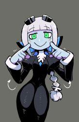 Rule 34 | 1girl, :&gt;, arrow (symbol), black dress, blue skin, blunt bangs, blush stickers, braid, closed mouth, colored skin, contrapposto, dress, flora (rariatto), green eyes, grey background, halftone, hands up, highres, juliet sleeves, long dress, long hair, long sleeves, looking at viewer, original, puffy sleeves, rariatto (ganguri), simple background, single braid, smile, solo