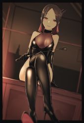 Rule 34 | 1girl, absurdres, bare shoulders, black choker, black footwear, black gloves, black leotard, boots, breasts, brown hair, choker, crossed legs, dominatrix, elbow gloves, gloves, hair ribbon, hand on table, high heel boots, high heels, highres, holding, holding whip, kaguya-sama wa kokurasetai ~tensai-tachi no renai zunousen~, katsuten, latex, latex boots, latex choker, latex gloves, latex leotard, latex thighhighs, leotard, long hair, looking at viewer, medium breasts, open mouth, outside border, red eyes, red ribbon, ribbon, riding crop, shinomiya kaguya, simple background, sitting, sitting on table, smile, smirk, solo, table, thigh boots, thighhighs