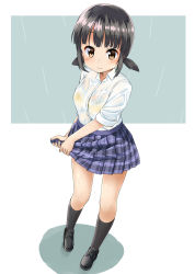 Rule 34 | 1girl, absurdres, black footwear, black hair, black socks, blue skirt, blush, bra, bra visible through clothes, breasts, brown eyes, closed mouth, collarbone, collared shirt, commentary request, full body, highres, kneehighs, kuramote mei, long hair, long sleeves, looking at viewer, low twintails, medium breasts, original, plaid, plaid skirt, pleated skirt, rain, school uniform, see-through, sekira ame, shirt, shoes, simple background, skirt, sleeves pushed up, socks, solo, standing, twintails, underwear, wavy mouth, wet, wet clothes, wet shirt, wet skirt, white shirt, wringing clothes, wringing skirt, yellow bra