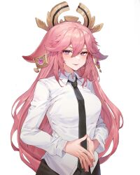 Rule 34 | animal ears, cherry blossoms, detached sleeves, floppy ears, fox, fox ears, fox shadow puppet, genshin impact, highres, japanese clothes, long hair, low-braided long hair, low-tied long hair, nontraditional miko, pink fur, pink hair, purple eyes, tomoe (symbol), vision (genshin impact), wide sleeves, yae miko