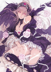Rule 34 | 00s, 1girl, absurdres, black socks, breasts, cleavage, cyrillic, fingernails, flower, frills, gathers, headdress, highres, kneehighs, long hair, moruga, open mouth, pink eyes, pink flower, pink hair, pink rose, rose, rozen maiden, russian text, socks, solo, suigintou, thorns, too many, white flower, white rose, wings