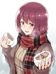 Rule 34 | 1girl, :d, baozi, blush, breasts, breath, food, giving, holding, holding food, jacket, long hair, long sleeves, looking at viewer, medium breasts, open clothes, open jacket, open mouth, original, plaid, plaid scarf, purple eyes, purple hair, ribbed sweater, saemon (tonpura), scarf, sharing food, smile, solo, steam, sweater, sweater jacket, upper body