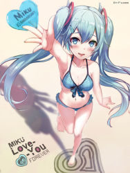 Rule 34 | 1girl, :d, arm up, artist name, bare legs, barefoot, beach, bikini, blue bikini, blue eyes, blue hair, blush, breasts, character name, collarbone, hair between eyes, hair ornament, hairclip, hatsune miku, heart, long hair, looking at viewer, medium breasts, navel, open mouth, outstretched arm, revision, rods, sand, sidelocks, smile, solo, swimsuit, teeth, thighs, twintails, vocaloid