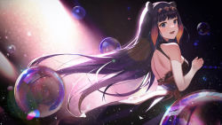 Rule 34 | 1girl, absurdres, alternate costume, animal ears, back, backless dress, backless outfit, black dress, blunt bangs, blush, breasts, bubble, commentary, cowboy shot, dark background, detached sleeves, dress, fang, floating hair, from side, glint, gradient hair, headpiece, highres, hololive, hololive english, kawa683, light, long hair, looking at viewer, looking back, medium breasts, multicolored hair, ninomae ina&#039;nis, ninomae ina&#039;nis (1st costume), open mouth, orange hair, purple eyes, purple hair, sidelocks, smile, solo, standing, tentacle hair, two-tone hair, very long hair, virtual youtuber