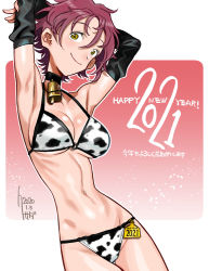 Rule 34 | 1girl, 2021, animal print, armpits, arms behind back, arms up, bell, bikini, black choker, blush, chinese zodiac, choker, closed mouth, cow print, dated, ear tag, fingernails, hair between eyes, happy new year, kusada, long fingernails, navel, neck bell, new year, original, purple hair, shiny skin, short hair, signature, smile, solo, swimsuit, year of the ox, yellow eyes