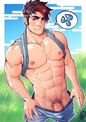 Rule 34 | 1boy, abs, bara, bare pectorals, black hair, blue tank top, blush, borrowed character, boxers, chest hair, clothes lift, facial hair, highres, jasdavi, large pectorals, lifted by self, looking at viewer, male focus, male pubic hair, male underwear, multicolored hair, muscular, navel, navel hair, nipples, original, patreon username, pectorals, penis, penis peek, pubic hair, red eyes, red hair, shirt behind neck, shirt lift, short hair, sideburns, smile, solo, streaked hair, stubble, tank top, underwear, undressing, veins, veiny penis