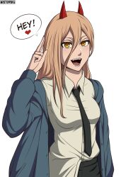 Rule 34 | 1girl, absurdres, black necktie, black pants, blonde hair, blush, breasts, chainsaw man, demon girl, demon horns, formal, highres, horns, long hair, looking at viewer, mistowing, necktie, open mouth, pants, power (chainsaw man), sharp teeth, shirt, simple background, small breasts, smile, solo, speech bubble, suit, teeth, white background, white shirt, yellow eyes