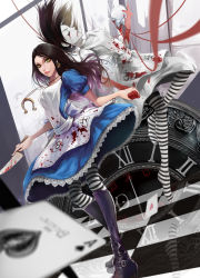 Rule 34 | 1girl, absurdres, alice: madness returns, alice in wonderland, alice liddell (american mcgee&#039;s alice), american mcgee&#039;s alice, apron, blood, boots, brown hair, card, dress, dual persona, female focus, green eyes, high heel boots, high heels, highres, jewelry, knife, kokage no shita, long hair, necklace, skull