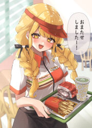 Rule 34 | 1girl, black skirt, blonde hair, blush, braid, breasts, burger, commentary, cup, disposable cup, food, french fries, fujita kotone, gakuen idolmaster, hair ribbon, holding, holding tray, idolmaster, long hair, looking at viewer, mcdonald&#039;s, name tag, restaurant, ribbon, short sleeves, skirt, small breasts, smile, solo, speech bubble, translation request, tray, twin braids, uniform, visor cap, yamaro0