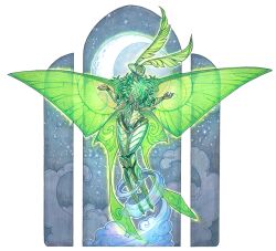 Rule 34 | 1other, antennae, artist name, bug, cloud, commentary, drachenmagier, english commentary, extra arms, full body, furry, green wings, insect, insect wings, looking at viewer, moon, moth, night, original, solo, transparent background, wings