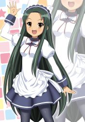 Rule 34 | 1girl, :d, absurdres, apron, arm up, black pantyhose, brown eyes, commentary request, fang, forehead, green hair, gurobeya, highres, long hair, long sleeves, looking at viewer, maid, official alternate costume, open mouth, pantyhose, puffy long sleeves, puffy sleeves, red ribbon, ribbon, smile, solo, suzumiya haruhi no yuuutsu, tsuruya, very long hair, waitress, waving, white apron, zoom layer