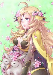 Rule 34 | 1girl, ahoge, animal, blonde hair, breasts, cape, circlet, closed mouth, ebi puri (ebi-ebi), feh (fire emblem heroes), fire emblem, fire emblem fates, fire emblem heroes, flower, grey eyes, holding, holding animal, long hair, looking to the side, medium breasts, nintendo, ophelia (fire emblem), petals, simple background