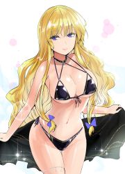 Rule 34 | 1girl, bad id, bad pixiv id, bare arms, bare shoulders, bikini, black bikini, blonde hair, blue bow, blue eyes, bow, breasts, commentary request, cowboy shot, front-tie bikini top, front-tie top, groin, hair between eyes, hair bow, highres, large breasts, lens flare, long hair, looking at viewer, navel, no headwear, pink lips, simple background, smile, solo, sparkle, standing, stomach, swimsuit, thighs, touhou, very long hair, white background, y2, yakumo yukari