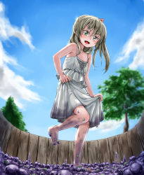 Rule 34 | 1girl, bare shoulders, barefoot, brown hair, cloud, day, dirty, dirty feet, dress, flat chest, food, fruit, grape stomping, grapes, green eyes, long hair, morgan (adfx01f), original, side ponytail, sky, smile, solo, tree