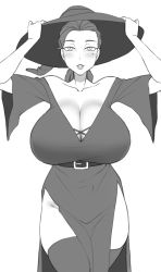 Rule 34 | 1girl, arms up, ayako (twrlare), belt, blush, breasts, cleavage, collarbone, commentary, dress, english commentary, greyscale, hands on headwear, hat, huge breasts, long hair, looking at viewer, low ponytail, mature female, mole, mole under eye, monochrome, no panties, original, parted lips, short sleeves, side slit, simple background, smile, solo, thighhighs, twrlare, white background, wide sleeves, witch hat