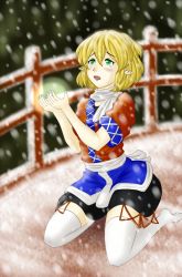 Rule 34 | 1girl, blonde hair, blurry, bridge, crying, depth of field, dress, facing away, fingernails, glowing, green eyes, hands up, layered dress, looking up, mizuhashi parsee, no shoes, open mouth, pointy ears, railing, scarf, short hair, short sleeves, sitting, snowing, solo, streaming tears, tears, thighhighs, touhou, wariza, yuzuzen