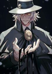Rule 34 | 1boy, absurdres, black background, black cape, black coat, black liquid, black necktie, cape, coat, collared shirt, edmond dantes (fate), evil grin, evil smile, fate/grand order, fate (series), gloves, grin, haruakira, highres, jewelry, liquid, long sleeves, looking at viewer, male focus, necktie, pendant, red eyes, shirt, short hair, smile, straight-on, white gloves, yellow eyes