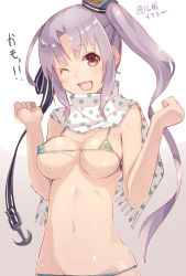 Rule 34 | 10s, 1girl, ;d, akitsushima (kancolle), bikini, breasts, cleavage, clenched hands, covered erect nipples, hat, kantai collection, looking at viewer, meth (emethmeth), micro bikini, navel, one eye closed, open mouth, polka dot, purple eyes, purple hair, scarf, side ponytail, smile, solo, swimsuit, teeth, wrists extended