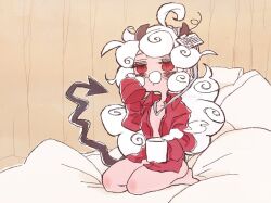 Rule 34 | 1girl, @ @, ahoge, ass, bed sheet, black horns, black tail, blush, body blush, breasts, closed mouth, coffee mug, collarbone, collared shirt, cup, curly hair, daredevi, demon girl, demon tail, dot mouth, dress shirt, glasses, hand up, helltaker, holding, holding cup, horns, knee blush, long hair, looking at viewer, messy hair, mug, name tag, on bed, open clothes, open shirt, oversized clothes, oversized shirt, pandemonica (helltaker), pillow, red eyes, red shirt, round eyewear, seiza, shirt, sidelocks, sitting, sleepy, sleeves past fingers, sleeves past wrists, small breasts, steam, tail, twitter username, white hair