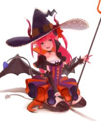 Rule 34 | 1girl, absurdres, bat (animal), between legs, black capelet, black choker, black sleeves, black thighhighs, black wings, blue eyes, bow, capelet, choker, collarbone, demon girl, demon tail, demon wings, detached sleeves, dress, earrings, elizabeth bathory (fate), elizabeth bathory (halloween caster) (fate), fang, fate/grand order, fate (series), female focus, finger cots, flat chest, full body, hair bow, hand between legs, hand up, happy, hat, head tilt, high collar, highres, holding, holding trident, holding weapon, horns, horns through headwear, jack-o&#039;-lantern earrings, jewelry, kneeling, long hair, looking at viewer, open mouth, orange footwear, pink hair, pointy ears, pointy footwear, polearm, purple hat, red bow, red horns, sasamiman, seiza, shoes, short dress, sidelocks, simple background, sitting, smile, solo, star (symbol), star print, striped clothes, striped dress, tail, teeth, thighhighs, trident, two-sided capelet, two-tone dress, two side up, weapon, white background, wings, witch hat