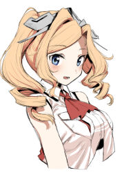 Rule 34 | 1girl, ascot, blonde hair, blue eyes, breasts, commentary, drill hair, english commentary, headgear, highres, honolulu (kancolle), ibuki (abuki), kantai collection, large breasts, long hair, looking at viewer, one-hour drawing challenge, red ascot, simple background, sleeveless, solo, twin drills, twintails, upper body, white background