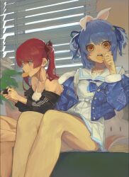 Rule 34 | 2girls, absurdres, animal ears, armpit crease, bare legs, bare shoulders, barefoot, belt, black jacket, window blinds, blue hair, blue neckerchief, blue ribbon, blush, breasts, chamchamshia, chips (food), collarbone, controller, denim, denim jacket, eating, fake animal ears, feet out of frame, food, fur-trimmed jacket, fur trim, game controller, hair ribbon, hand up, heterochromia, high-waist skirt, highres, holding, hololive, houshou marine, indoors, jacket, long sleeves, looking at viewer, looking to the side, medium breasts, mouth hold, multiple girls, neckerchief, off shoulder, official alternate costume, open clothes, open jacket, orange eyes, parted bangs, plant, pleated skirt, potato chips, potted plant, rabbit ears, red eyes, red hair, red ribbon, ribbon, school uniform, sitting, skirt, soles, sweatdrop, tank top, teeth, tied ears, twintails, two side up, upper teeth only, usada pekora, usada pekora (casual), virtual youtuber, white belt, white tank top, window, yellow eyes