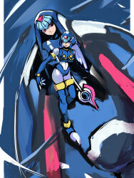 1girl alternate_form android armor blue_armor blue_eyes blue_helmet fairy_leviathan_(mega_man) fins forehead_jewel full_body head_fins helmet highres holding holding_polearm holding_weapon mega_man_(series) mega_man_zero_(series) mega_man_zero_2 multiple_views nagi25336 polearm spear weapon