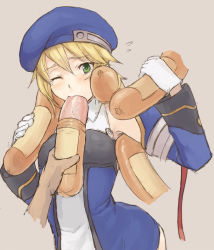 Rule 34 | arc system works, beret, blazblue, blonde hair, blush, chiwino, food, green eyes, hat, noel vermillion, one eye closed, saliva, sausage, sexually suggestive, tongue, uniform, wink
