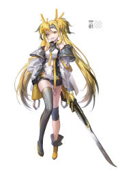 Rule 34 | 1girl, absurdres, black footwear, black hair, black shorts, black thighhighs, blonde hair, blouse, boots, flower, full body, grin, hansum, high heel boots, high heels, highres, holding, holding sword, holding weapon, jacket, long hair, long sleeves, looking at viewer, multicolored hair, open clothes, open jacket, original, shirt, shorts, simple background, single thigh boot, single thighhigh, smile, solo, streaked hair, sword, thigh boots, thighhighs, twintails, very long hair, weapon, white background, white jacket, white shirt, yellow eyes, yellow flower