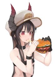 Rule 34 | 1girl, bangosu, bare shoulders, beef, belt bra, black gloves, black hair, breasts, buckle, burger, cheese, collar, eating, food, food on face, gloves, hat, highres, holding, holding food, horns, long hair, military hat, onion, red eyes, salad, sidelocks, simple background, single glove, small breasts, solo, sweatband, tomato, underboob, upper body, vgaming, virtual youtuber, white background, white hat, yoruno yui