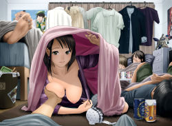 Rule 34 | 1girl, 5boys, alcohol, beer, beer can, black hair, blanket, bra, breasts, breasts out, bulge, can, clothes pull, drink can, earrings, erection, erection under blanket, erection under clothes, feet, grabbing, grabbing another&#039;s breast, gundam, gundam gp-02 physalis, gunpla, hanging breasts, hayakawa pao, jewelry, large breasts, light smile, lips, looking at viewer, model kit, multiple boys, nipples, original, pov, qubeley mk ii, shirt pull, short hair, sleeping, smile, stealth, trash can, under covers, underwear, unworn bra