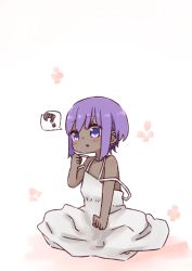Rule 34 | 1girl, ?, age regression, aged down, bare arms, bare shoulders, blush, dark-skinned female, dark skin, dress, fate/prototype, fate/prototype: fragments of blue and silver, fate (series), hand up, hassan of serenity (fate), i.u.y, oversized clothes, parted lips, purple eyes, purple hair, sleeveless, sleeveless dress, solo, spoken question mark, white background, white dress
