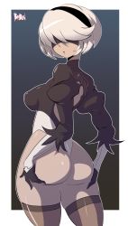 Rule 34 | 1girl, android, ass, bigdead, black dress, blindfold, breasts, dress, feather-trimmed sleeves, hairband, highres, hip focus, large breasts, nier (series), nier:automata, puffy sleeves, short hair, silver hair, solo, soul calibur, soulcalibur vi, thick thighs, thighhighs, thighs, wide hips, 2b (nier:automata)