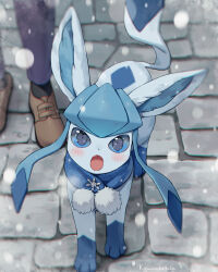 Rule 34 | animal ears, artist name, blue eyes, blue fur, blush, brown footwear, cobblestone, creatures (company), eye reflection, fangs, game freak, gen 4 pokemon, glaceon, head out of frame, highres, kaminokefusa, nintendo, open mouth, outdoors, pants, pokemon, pokemon (creature), pom pom (clothes), reflection, scarf, snow, snowflake ornament, snowflakes, snowing, tail